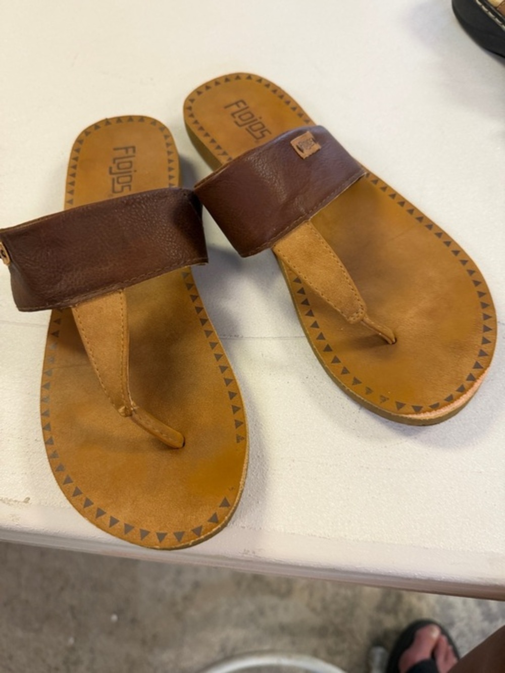 Flojos Two-Tone Brown and Tan Faux Leather Slide Thong Sandals